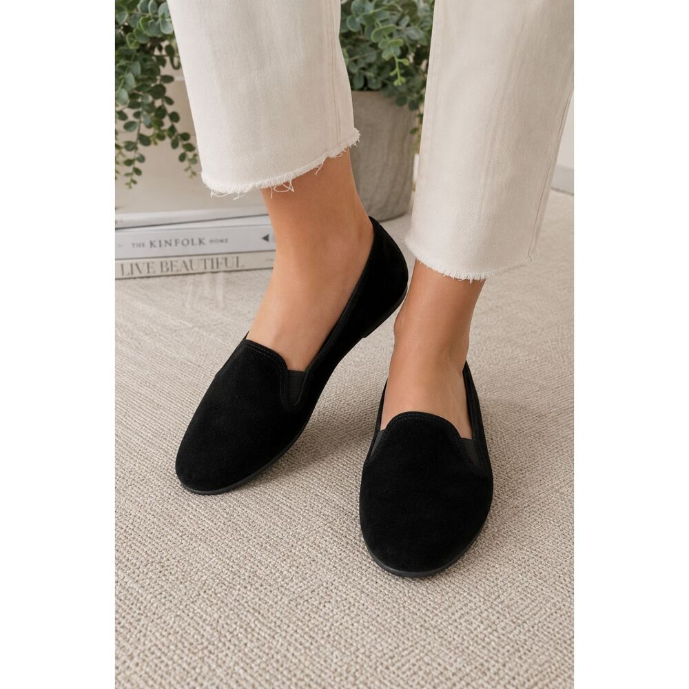 Black Suede Flats Size 8.5 Santa Monica Leather Vintage - Picture 1 of 8